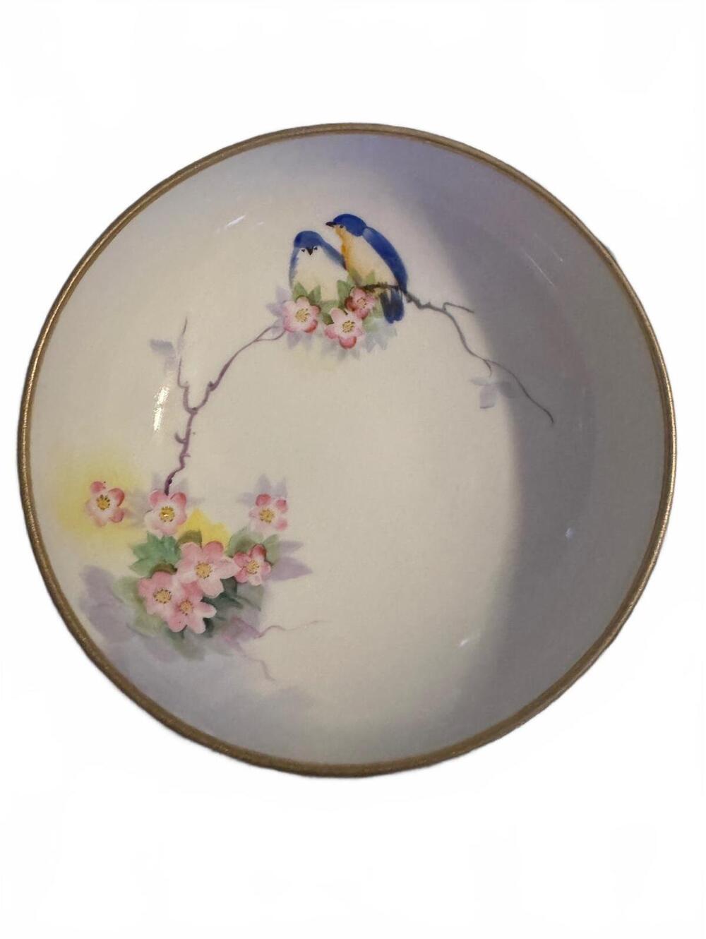 Nippon Footed Porcelain Bowl with Hand-Painted Bluebirds and Floral Design
